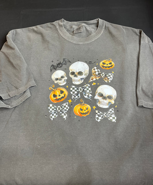 Checkered Bows, Pumpkin and Skulls T-Shirt