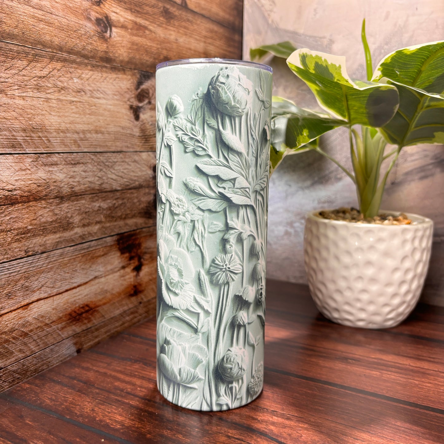 Minty Green 3D Carved Flowers - 20oz Tumbler