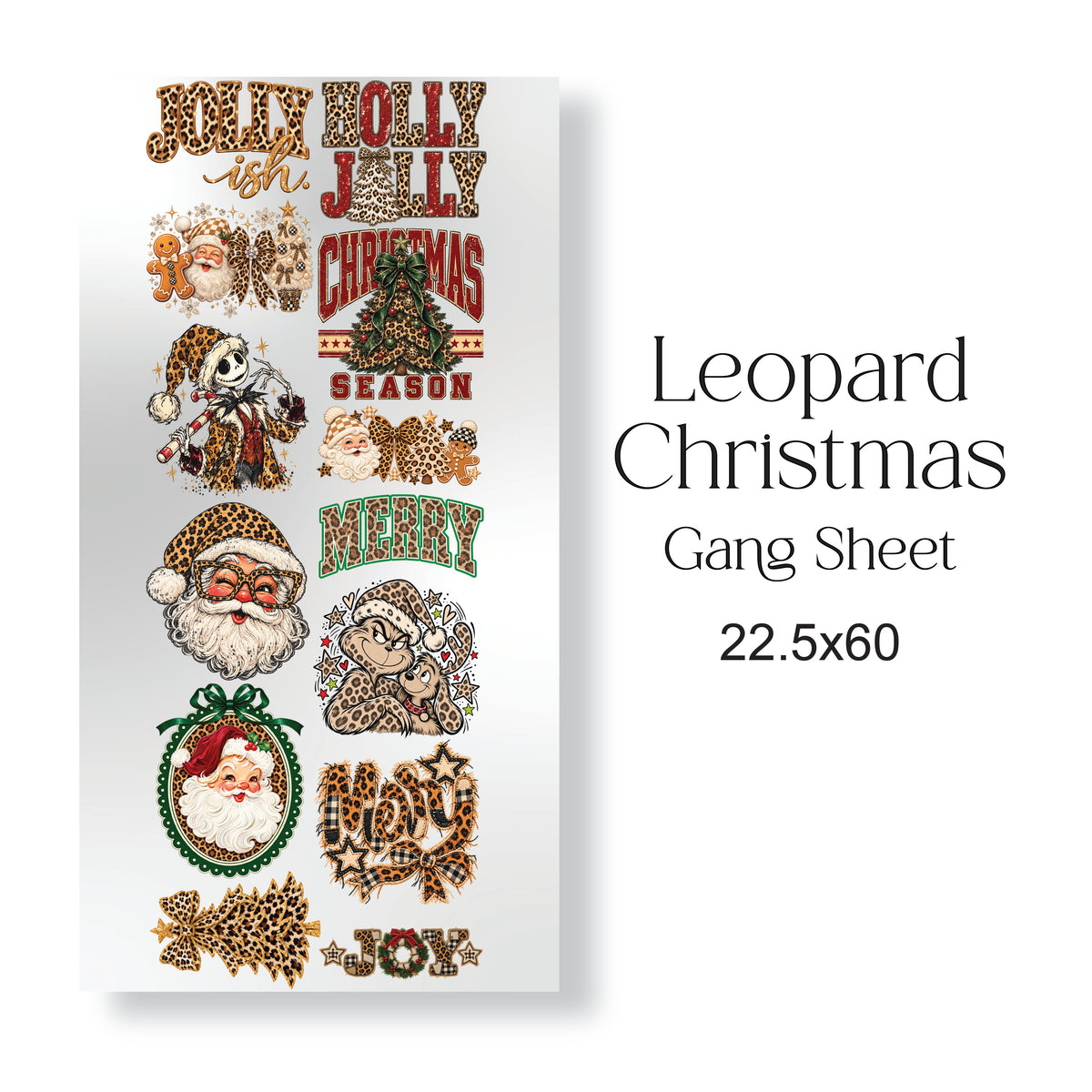 Leopard Christmas DTF Gang Sheet 22.5" x 60" – Ready to Press Heat Transfers