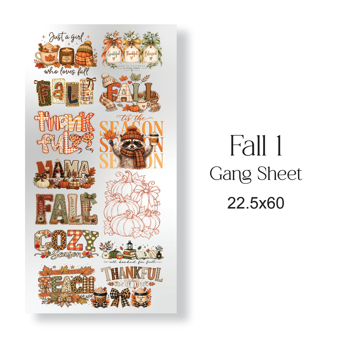 Fall 1 DTF Gang Sheet 22.5" x 60" – Ready to Press Heat Transfers