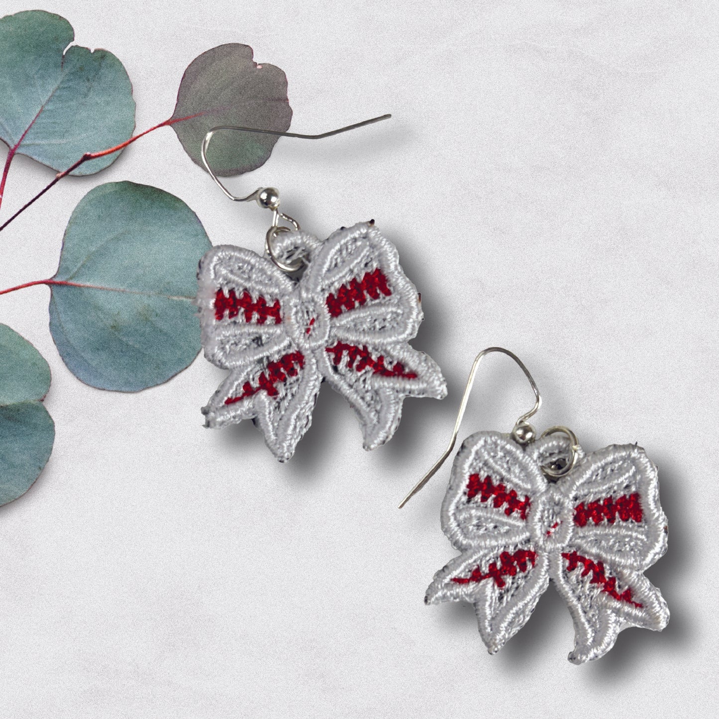 Baseball Bow Earrings - Embroidered