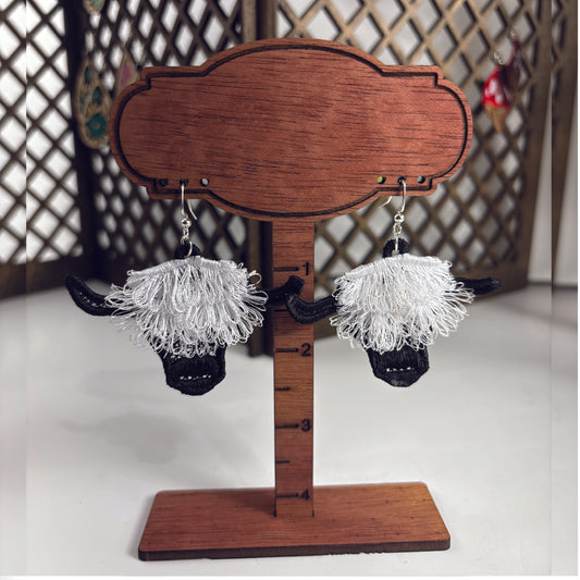 Fringed Highland Cow Earrings - Embroidered