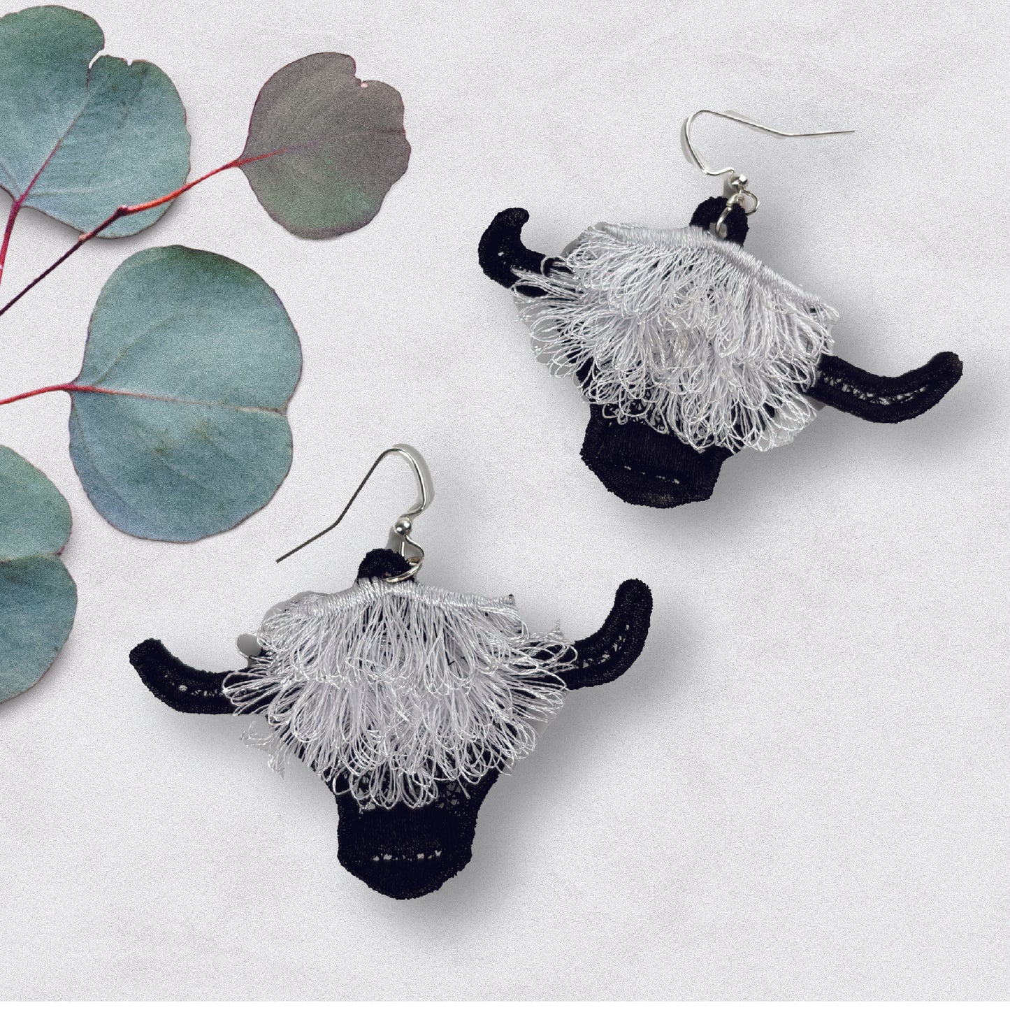 Fringed Highland Cow Earrings - Embroidered