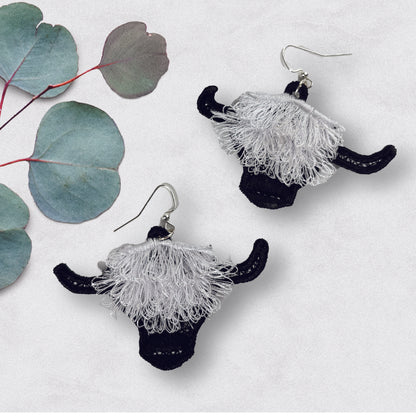 Fringed Highland Cow Earrings - Embroidered