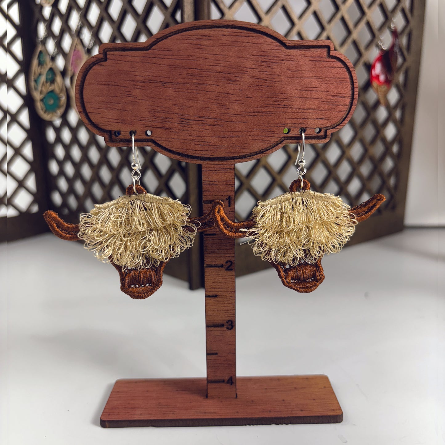 Fringed Highland Cow Earrings - Embroidered