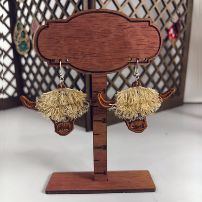 Fringed Highland Cow Earrings - Embroidered