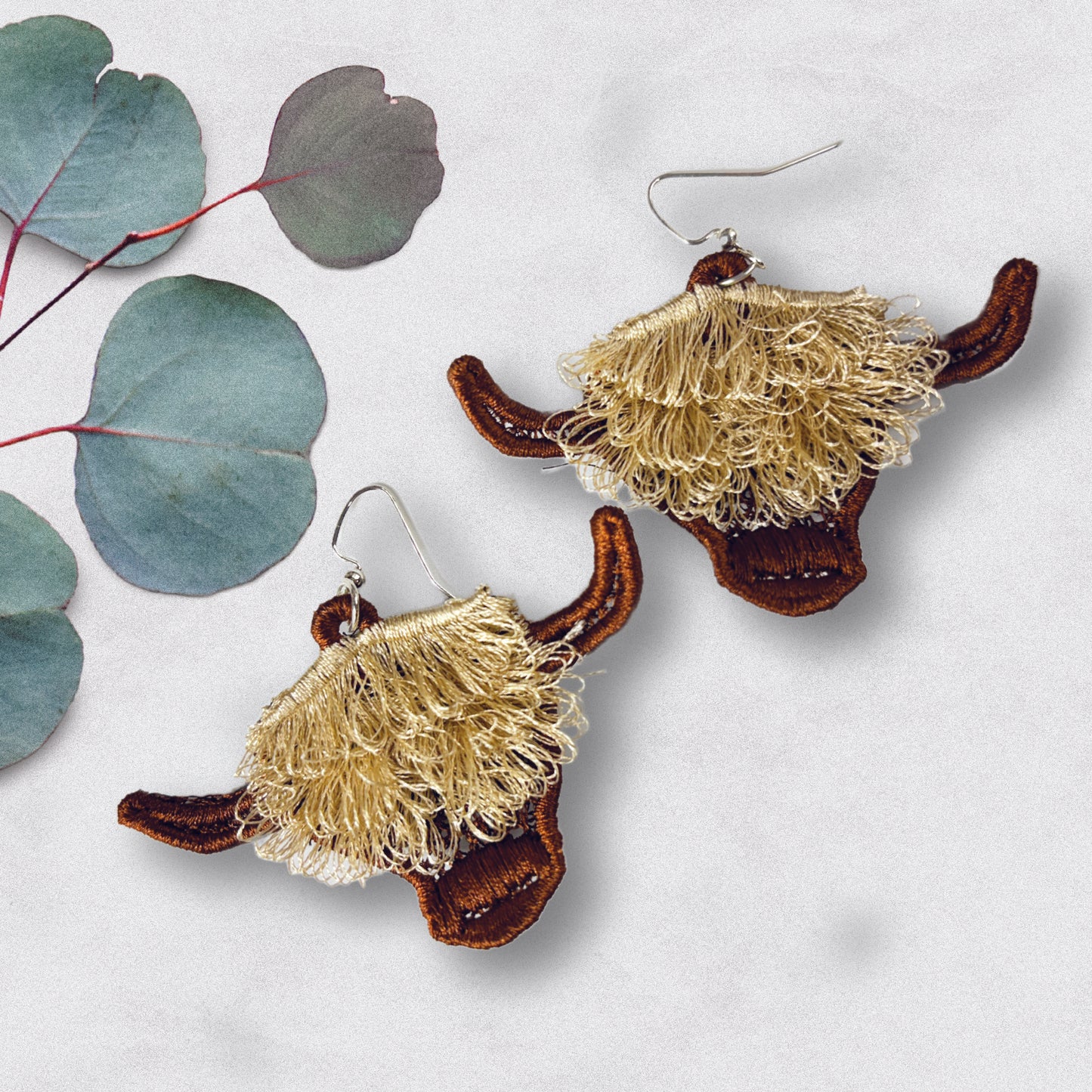 Fringed Highland Cow Earrings - Embroidered