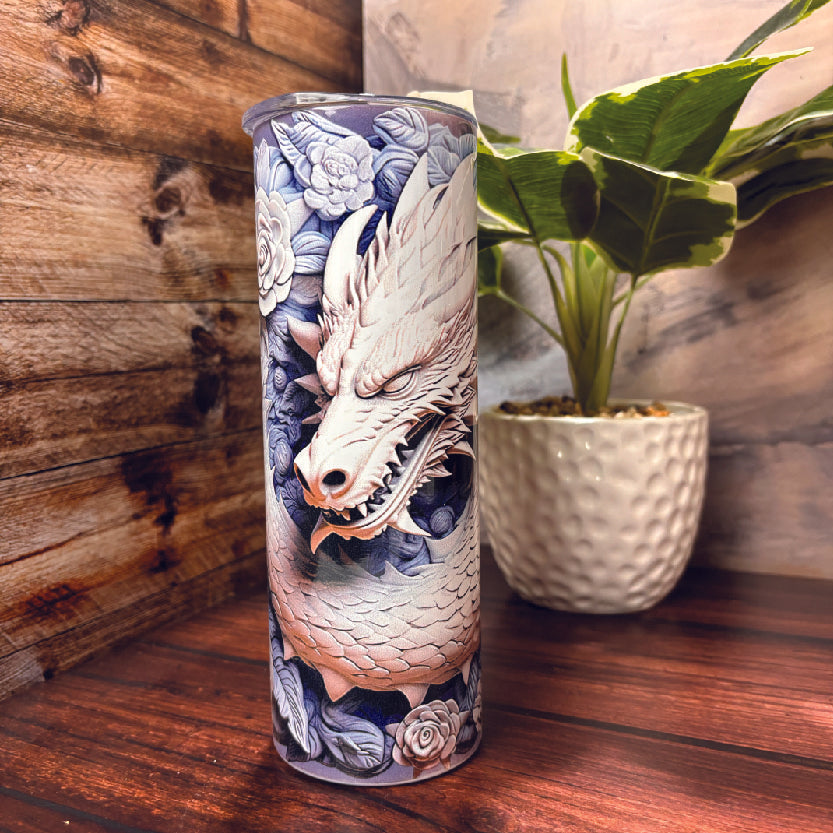 Blue and White 3D Dragon - 20oz Tumbler