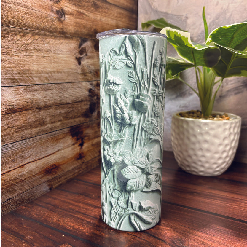 Minty Green 3D Carved Flowers - 20oz Tumbler